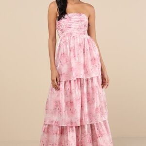 Lulus Kamella Light Pink Floral Pleated Strapless Tiered Maxi Dress - Size S